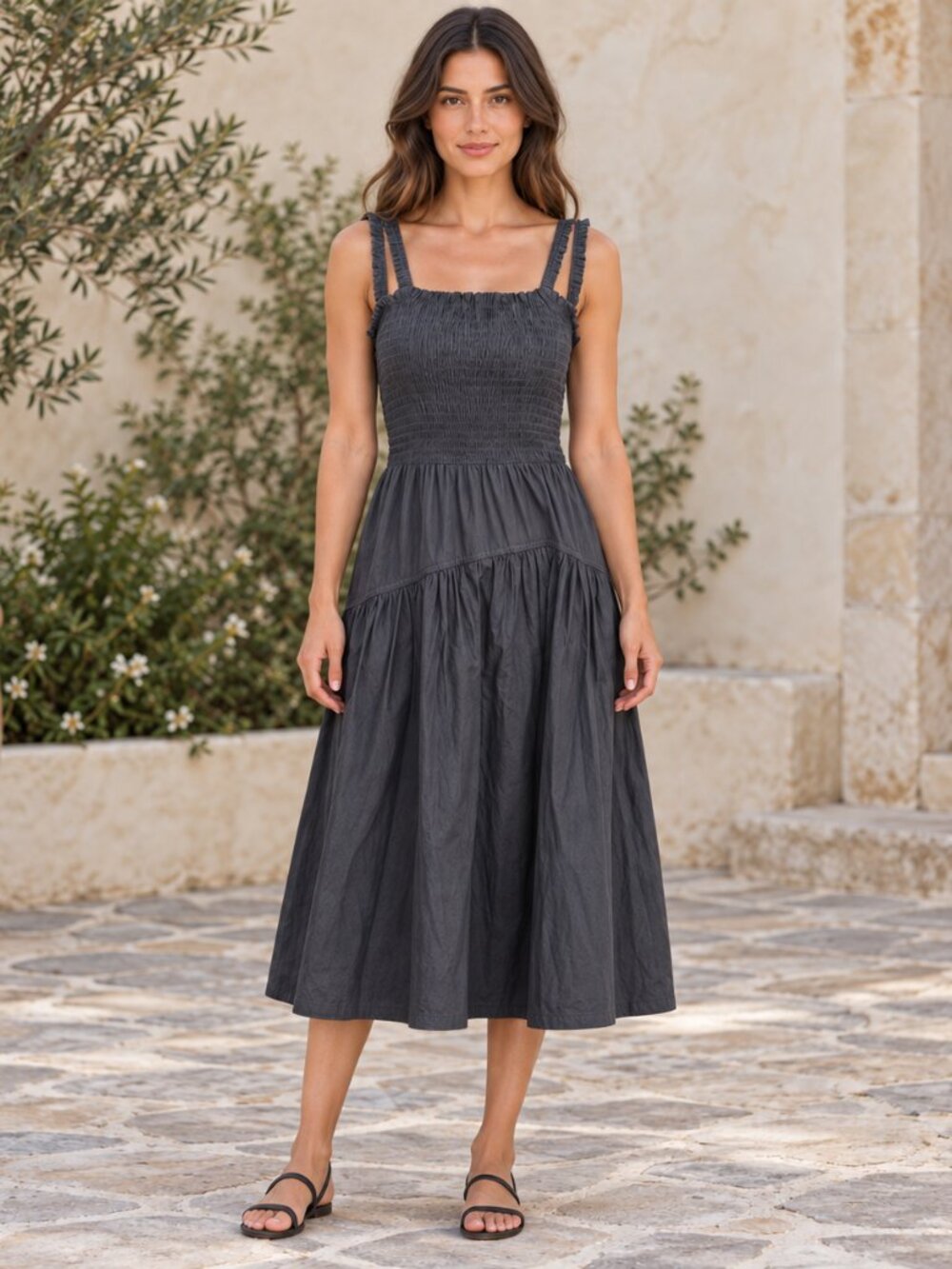 Nordstrom Signature Dress Womens M Black Smocked Midi Tiered Sundress Cottage